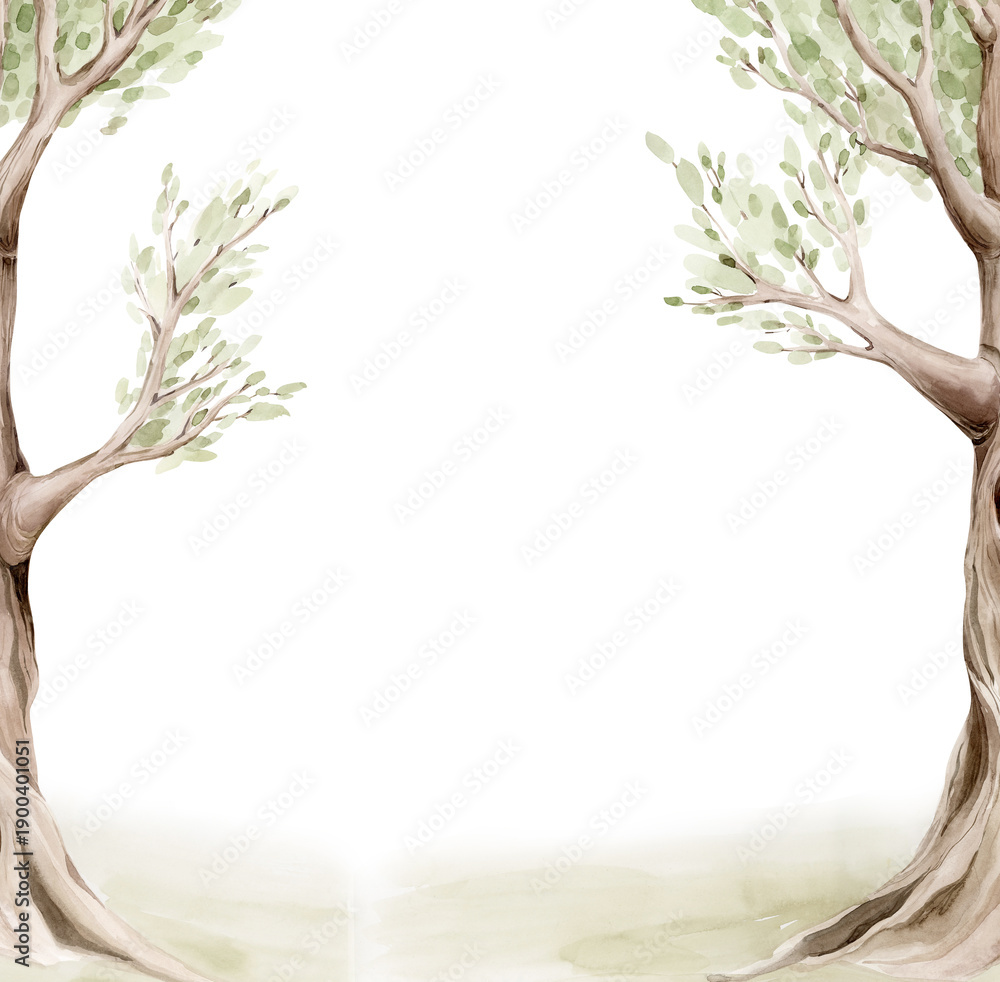 Fototapeta premium Watercolor woodland background with soft trees forming a gentle frame and empty space in the center. 