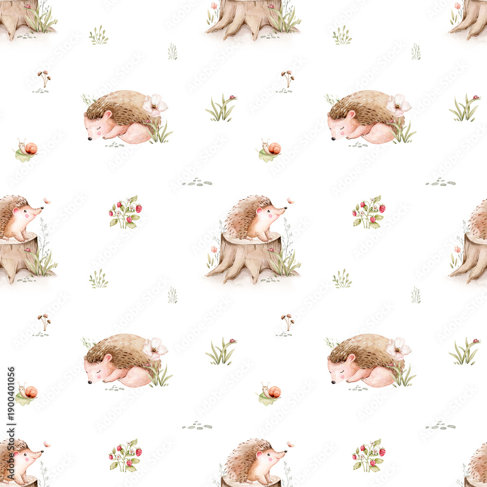 Fototapeta premium Watercolor seamless pattern of cute sleeping baby hedgehog animal. Woodland nursery illustration for children wallpaper, textile and fabric pattern. watercolour forest drawing for wrapping paper