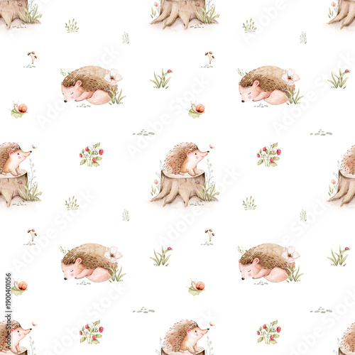 Watercolor seamless pattern of cute sleeping baby hedgehog animal. Woodland nursery illustration for children wallpaper, textile and fabric pattern. watercolour forest drawing for wrapping paper