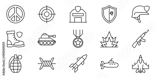 Line Icons Set Featuring Military, War, and Peace Symbols A Comprehensive Collection of Defense and Conflict-Related Vector Graphics