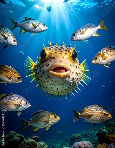 AI-generated illustrative pufferfish scene, fictional portrayal only, not representing real or newsworthy events.