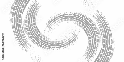 Tire track. Car, bike, motorcycle tyre mark with grunge effect isolated on white background. Wheel footprint on the road. Top view of rubber protector mark