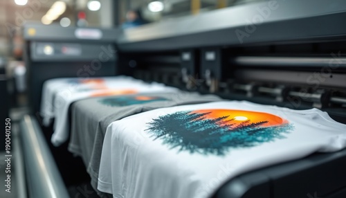 Modern printing machine applies designs onto t-shirts in a clean factory. Shirts get custom graphics like sunset forest scenes, ready for sale. Apparel production advances.
