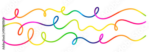 Curve Wave Vector Lines. Abstract Flow Ribbons with Rainbow Color Gradient. Continuous Squiggle Shapes Pattern. Horizontal Swirl Gradient Lines Isolated on Background.