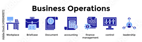 Business Operations Icon Set. Containing Workplace, Briefcase, Document, Accounting, Finance Management, Control, Leadership
