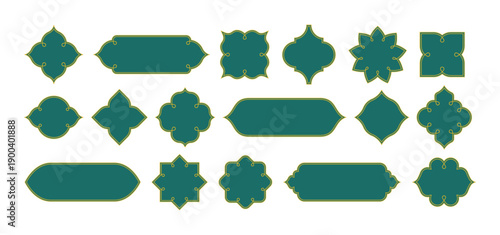 PrintRamadan Frame Shapes with Ornamental Borders. Islamic Arch Logo Design Element. Simple Retro Muslim Vector Labels with Arabian Patterns. Green Vintage Ramadhan Frames with Golden Motifs.