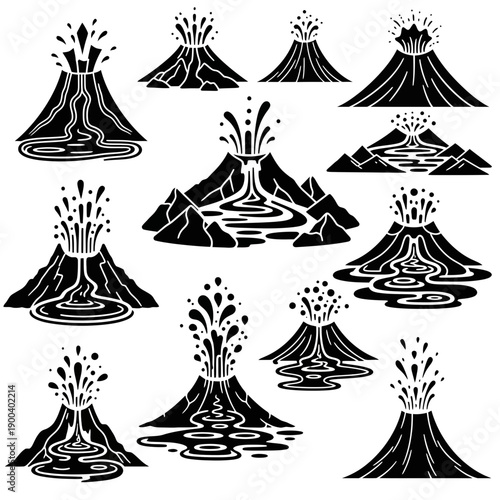 Erupting volcanoes in black and white vector graphics set