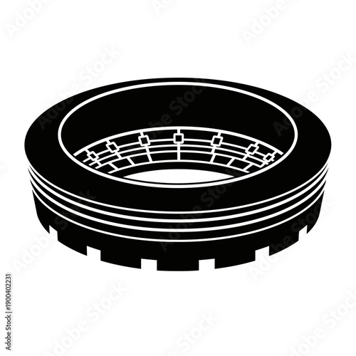 Black tire with white lines on a plain background