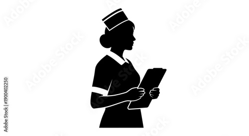Nurse in uniform holding clipboard.