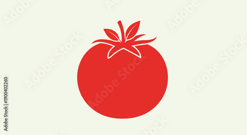 Red tomato illustration with green leaves.