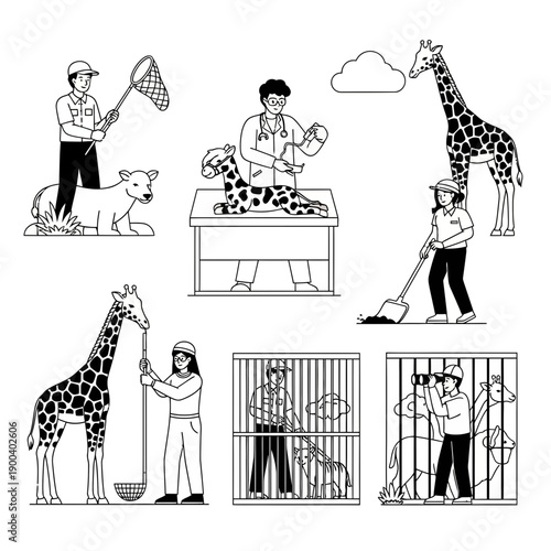 Zoo workers caring for animals in enclosures and cages