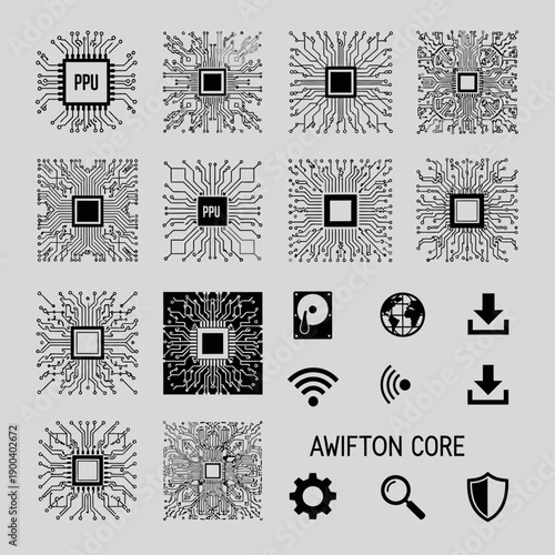 Circuit board icons and microchip symbols for tech and electronics designs