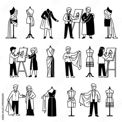 Fashion designers working on clothing and fabric in studio