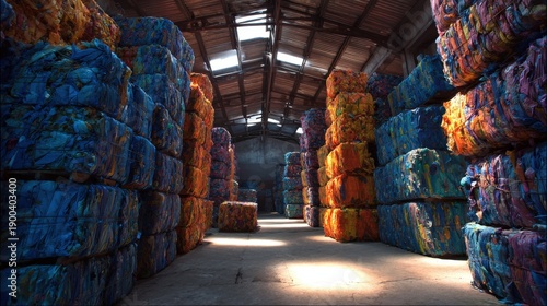 Towering stacks of compressed, colorful material fill the vast interior of an industrial storage facility.