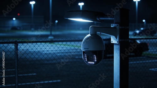 Nighttime security camera over parking lot, surveillance technology for safety and crime prevention, moody blue lighting for privacy and urban vigilance
