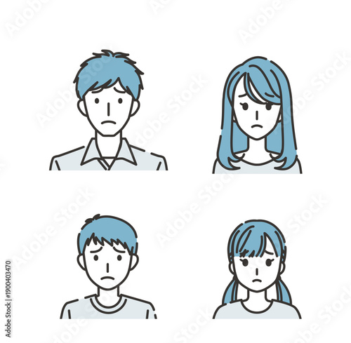 悩む若い両親と子どもたちの表情セット