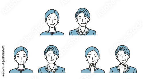 普通・困る・考える中年夫婦のイラストセット