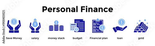Personal Finance Icon Set. Containing Save Money, Salary, Money Stack, Budget, Financial Plan, Loan, Gold