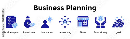 Business Planning Icon Set. Containing Business Plan, Investment, Innovation, Networking, Store, Save Money, Gold