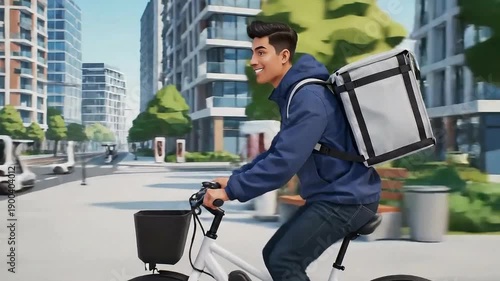 Young man riding bicycle with insulated delivery bag in city
