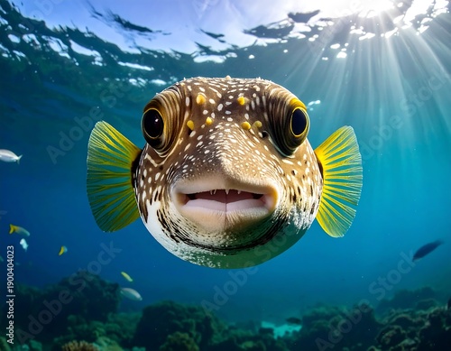 Pufferfish, big-eyed and speckled, swims toward camera in blue water with light rays and other fish