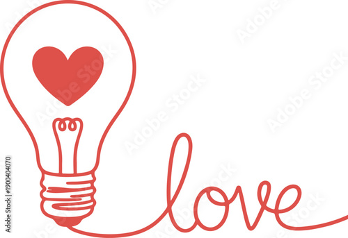 A red heart shaped light bulb glows as a romantic vector illustration symbol of passion and love for a Valentine day holiday celebration design