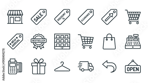 Retail and shopping line icon set featuring storefront, sale, discount, clearance tags, new arrival, bestseller badge, shopping cart, bag, cash register, POS terminal, gift box, delivery, and open