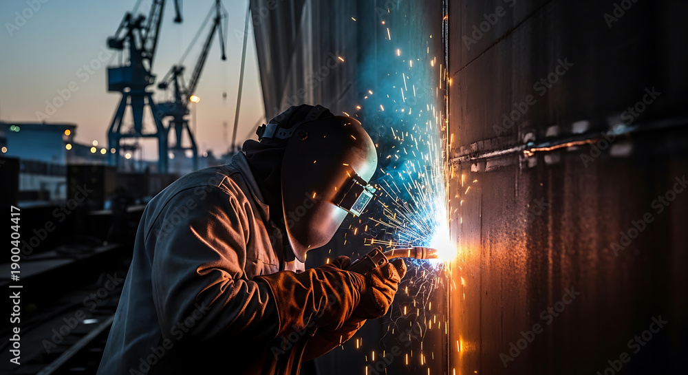 Fototapeta premium Industrial welder working on a metal structure, generating bright sparks in a shipyard environment at dusk.