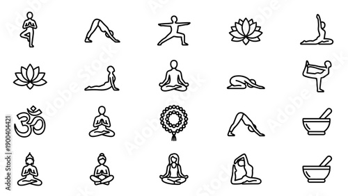 Set of 20 minimalist yoga and meditation line icons featuring various asana poses, lotus flowers, Om symbol, Buddha, prayer beads, and singing bowls for wellness, health, and spiritual projects.