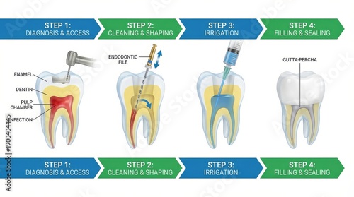 Diagram Illustrating Root Canal Treatment Steps With Dental