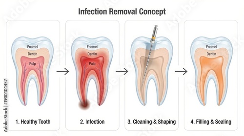 Dental Root Canal Procedure Illustration Showing Infection Removal