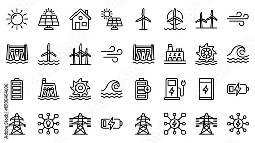Vector Line Icon Set of Renewable Energy and Sustainable Power Sources Including Solar Panels, Wind Turbines, Hydroelectric Dams, Battery Storage, Electric Vehicle Charging, and Smart Grid Pylons.