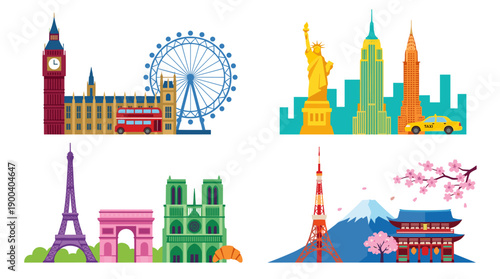 Vibrant Flat Vector Illustration Set of Four Global City Skylines and Landmarks Including London, New York City, Paris, and Tokyo with Big Ben, Statue of Liberty, Eiffel Tower, and Mount Fuji.