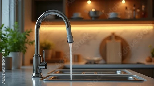Running water from modern kitchen faucet over clean sink, household hygiene concept, fresh water flow and minimalist home interior with warm ambient lighting