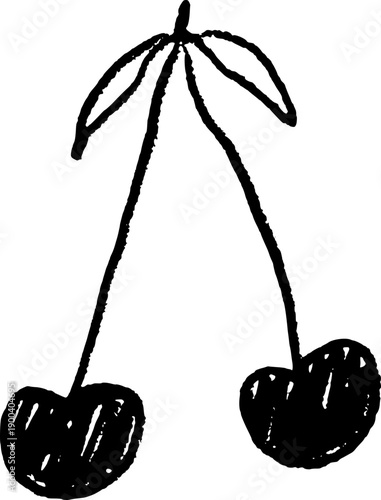 Hand-drawn cherry with crayon texture. Sketch-style fruit artwork featuring black outline, graphic doodle elements, and artistic graffiti-inspired brushwork.