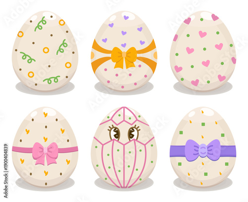 Color decorated Easter eggs with different patterns, vector icon set. Traditional Eastern European food for the holiday, colorful signs. Creative festive whimsical cliparts