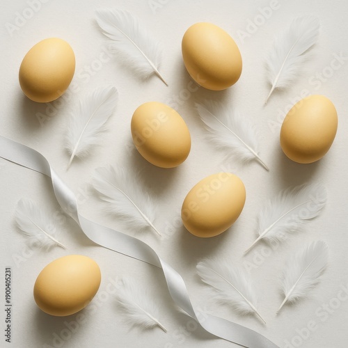 A flat lay of yellow eggs and white feathers with a satin ribbon, perfect for Easter and spring themes.
