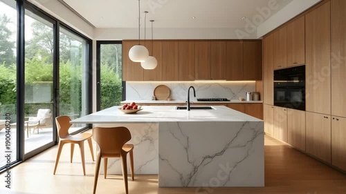 Modern minimalist kitchen interior with marble island, wooden cabinets, dining table and large glass windows, luxury contemporary home design with natural daylight