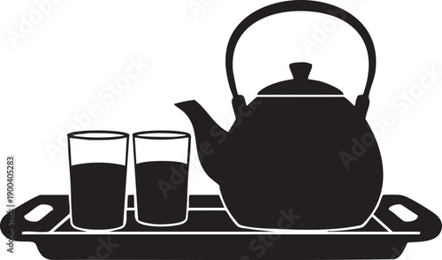  Minimalist Tea Set Silhouette - Teapot and Glass Cups on Serving Tray Vector