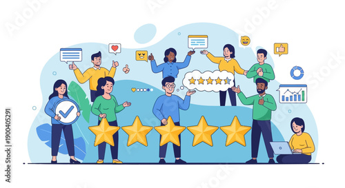 A happy group of business people and diverse children holding hands and a banner in a vector illustration representing teamwork, community, and social media connection