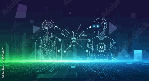 Glowing night club dancers move through a digital network of blue light and stars in this vector illustration concept of energy and communication