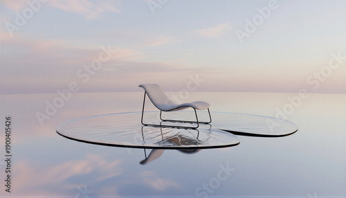 Modern lounge chair floating on a giant lily pad in calm water under a pastel sky for a tranquil relaxation concept and mindful escape