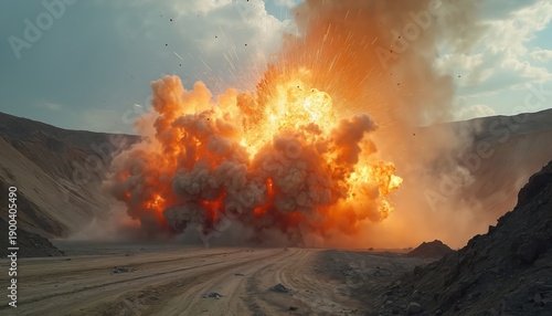 Massive explosion erupts in open cast mine. Rock and debris fly as dust cloud billows. Industrial blasting operation creates fiery blast in quarry.