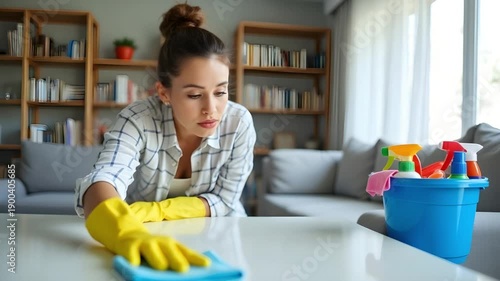 Woman cleaning table with cloth and yellow gloves at home, household hygiene routine, surface sanitation and modern lifestyle interior with cleaning supplies