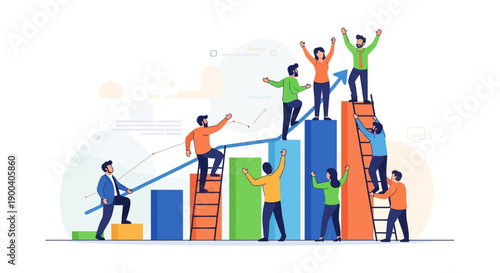 A diverse business team collaborates on a 3d vector illustration showing a businessman hand drawing a successful growth graph to symbolize togetherness and global communication