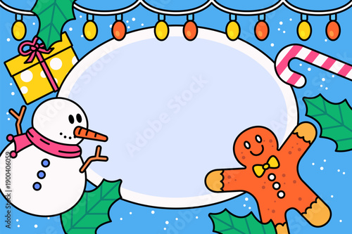 Christmas winter frame illustration featuring a snowman, gingerbread man, candy cane, gift box, holly leaves, and festive lights. Perfect for holiday greeting cards, banners, invitations, posters
