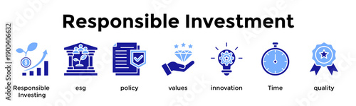 Responsible Investment Icon Set. Containing Responsible Investing, Esg, Policy, Values, Innovation, Time, Quality
