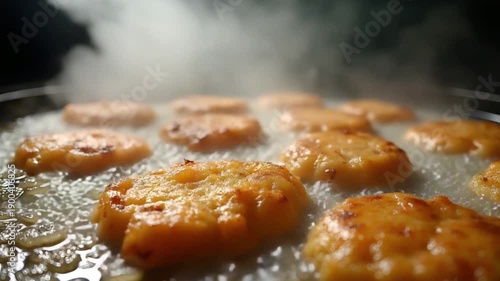 Close-up of food frying in hot oil with steam and sizzling texture, professional cooking process, crispy meal preparation and high heat kitchen action