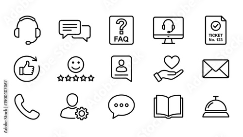 Set of 15 Customer Service and Support Line Icons Featuring Headset, Chat Bubbles, FAQ, Help Desk Ticket, Feedback Rating, Satisfaction, Email, Telephone, User Settings, Knowledge Base, and Bell