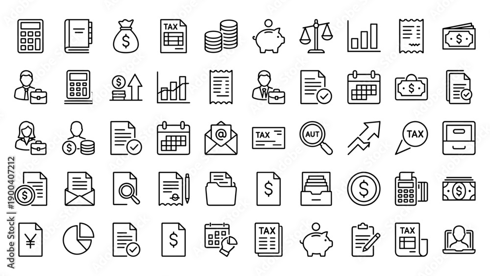 © Md - Comprehensive Vector Set of Accounting and Tax Line Icons in Minimalist Style. Features Financial Symbols like Calculators, Money Bags, Receipts, Charts, Piggy Banks, and Business Professionals.